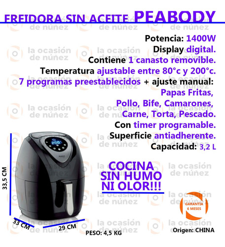 Freidora Sin Aceite Peabody Electrica Digital De Aire Sin Hu