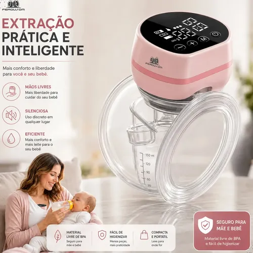 Bomba Tira Leite Materno Elétrica Portátil Extratora Amamentação Mãos Livres Sem BPA Coletor Sugador Bombinha Peito 3 Modos 9 Níveis de Sucção Recarregável Silenciosa Display Digital Fergusom