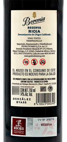 Beronia Reserva |vino Tinto Doca Español |14% Alcvol | 750ml