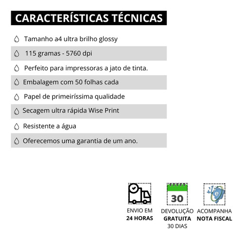 Papel Fotográfico Premium A4 Glossy 180g 100 Folhas