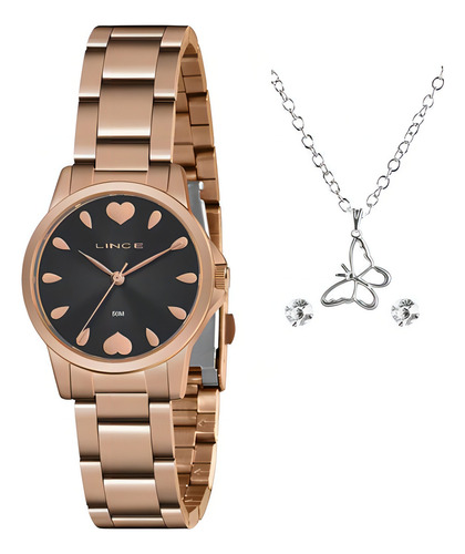 Relógio Lince Feminino Rosegold Lrr4712l Com Brinco Colar