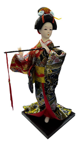 Boneca Samurai Mulher Estatueta Enfeite Preto Vermelho