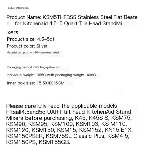For Kitchenaid Ka Paleta Mezcladora De Acero Inoxidable