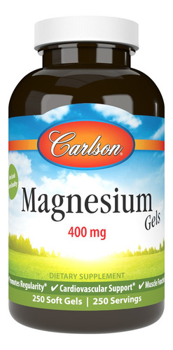 Frasco Magnesio Carlson Labs 400 Mg 250 Cápsulas Softgels Sin Sabor