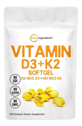 Vitamina D3 5000iu Plus K2, Fórmula 2 En 1, 300 Geles Suaves Sabor ND