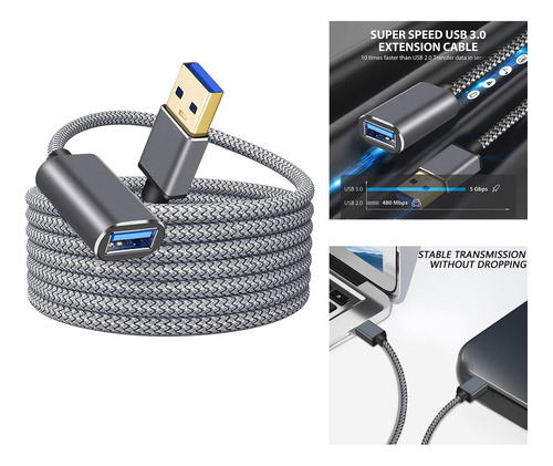2 Cable De Extensión Usb 3.0 Macho A Hembra Nylon 0,5 M