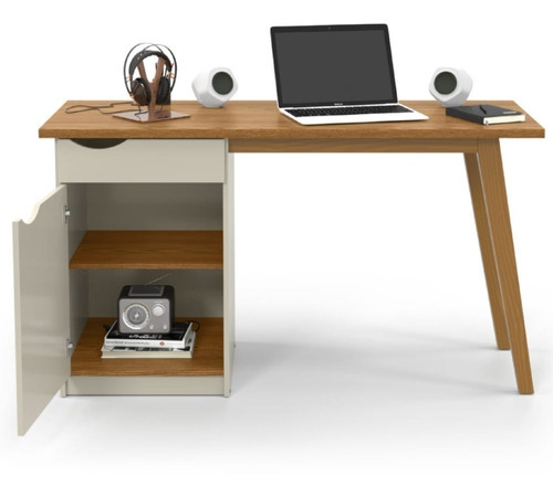 Mesa Escrivaninha Para Escritório Computador Estudos Gaveta Cor Off White/Cumaru