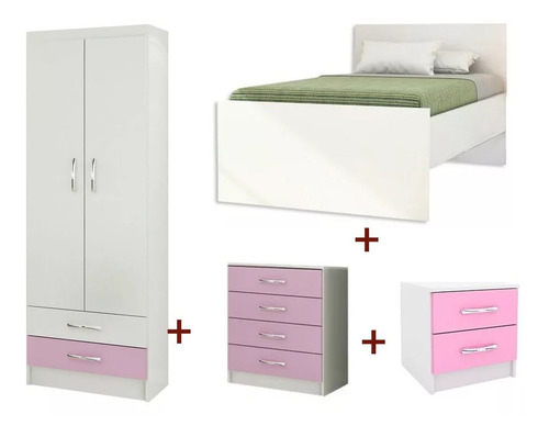 Juego De Dormitorio Cama + Ropero + Cajonera + Mesa De Luz