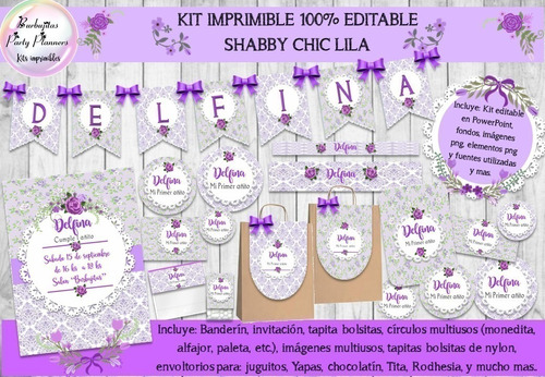 Kit Imprimible Candy Bar Shabby Chic Lila100% Editable