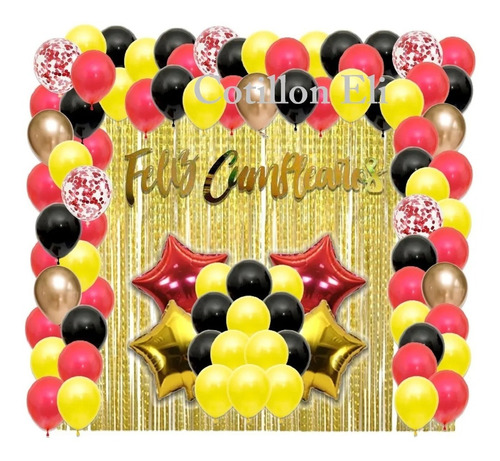 Combo Globos Rojo Dorado Negro Amarillo Confetti Cortina 