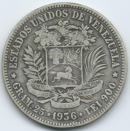 Moneda Fuerte De Plata 5 Bolívares De 1936