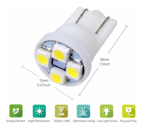 Bombillo Muelita Led T10 Luz Blanca 4 Smd Plano Alto Brillo 