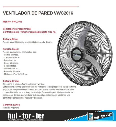 Imagen 4 de 6 de Ventilador De Pared Liliana 20 PuLG + Control Remoto