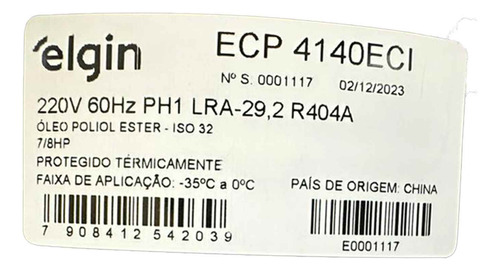 Compressor Elgin Ecp4140 7/8hp R22/r404 220v Mbp/lbp