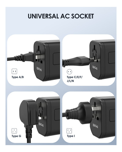 Adaptador de viaje universal Epicka negro, con 2 puertos USB-A y 1 USB-C, compatible con enchufes de EE. UU., UE, Reino Unido y Australia.