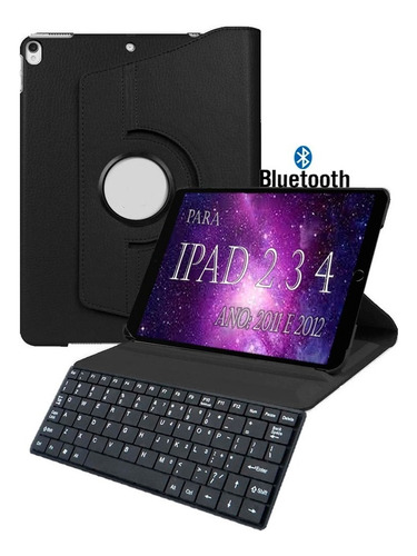 Capa Giratória Para iPad 2 3 4 Teclado Luxo Executiva Com Cor Preto