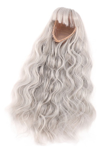 Peluca Gris Con Flequillo Liso, Pelo Largo Y Rizado, Para Br