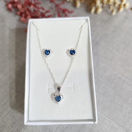 Promo. Conjunto Corazón Aros + Dije + Cadena. Plata 925. Azul Azul