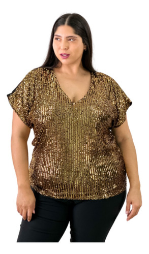 Blusa Fiesta Mujer Doble Gasa Lentejuelas Escote V 