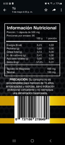Imagen 2 de 2 de Taurato De Magnesio X 90 Cáps. Libre De Excipientes, 3 Meses