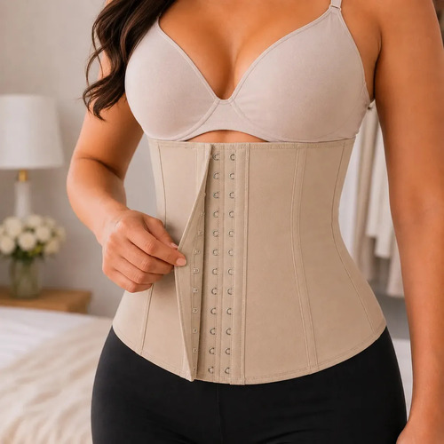 Cinta Modeladora Abdominal Feminina Esbelt 404 Emborrachada Cotton Afina Cintura Redutora Barriga Compressão Postural 4 Barbatanas - Chocolate G