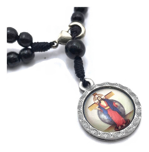 Pulseira Terço De Pulso Das Santas Chagas E São Bento Preta Comprimento 22 Cm Diâmetro 7 Cm