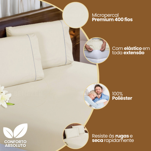 Jogo De Cama Casal Padrão 3 Peças 400 Fios Toque Acetinado Suave C/ Fronha Ponto Palito Premium Cor Palha