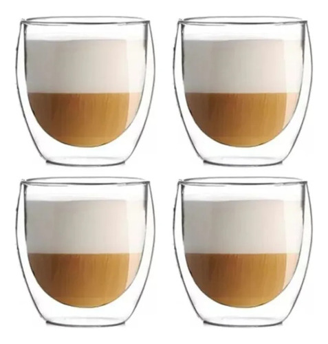 Set X4 Tazas Café Pocillos Vaso Doble Pared Termico Frio Calor Vidrio Borosilicato Tushka 250ml