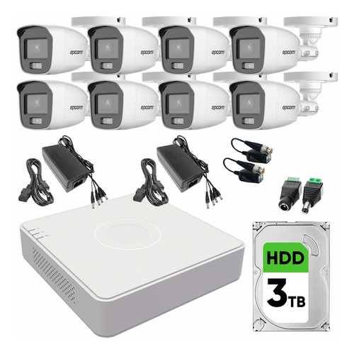 Epcom Kit CCTV 8 Cámaras de 2 MP Color Vu B8-KIT-CV/A-PLUS3N con Micrófono Integrado HDD 3 TB + Transceptores Kit Video Vigilancia de Alta Resolución con Visión Nocturna a Color 24/7
