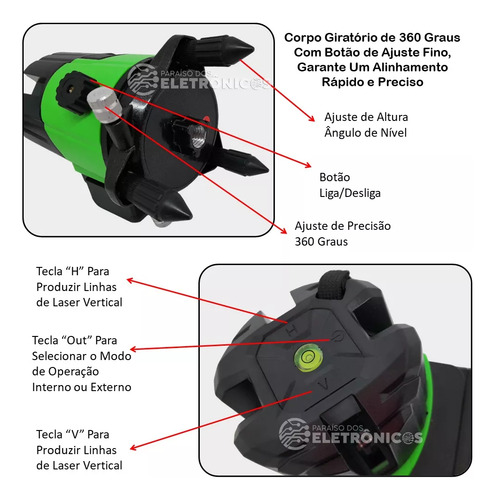 Nível Laser Verde 5 Linhas Base Giratória 360º 6 Pontos 5mts