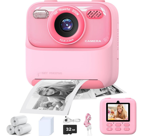 Cámara Digital Rosa Para Niños, Impresión Instantánea De Fot