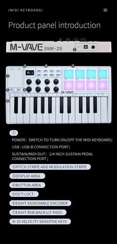 Controlador M-vave Smk-25 Midi 25t De 8 Almohadillas - Usb/d