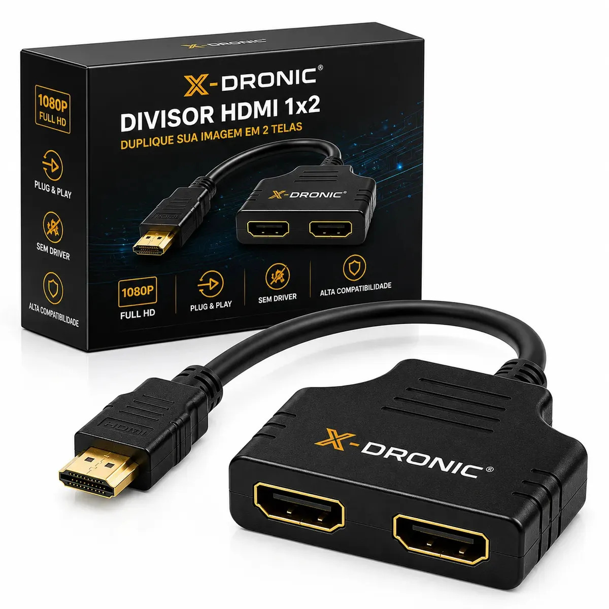 Adaptador HDMI Duplicador Y X-Dronic para 2 TVs, 1 Macho para 2 Fêmeas em 1080p