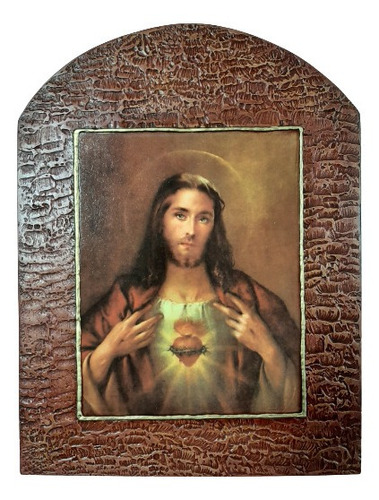 Cuadro Corazón De Jesús - De Madera - Estucado - 30 X 40 Cm 