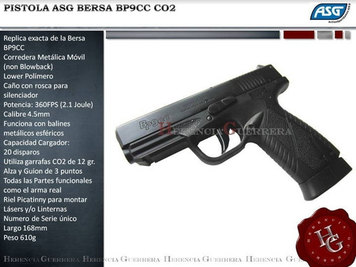 Imagen 2 de 8 de Pistola Asg Bersa Bp9cc Co2 4.5 Mm Sin Blowback