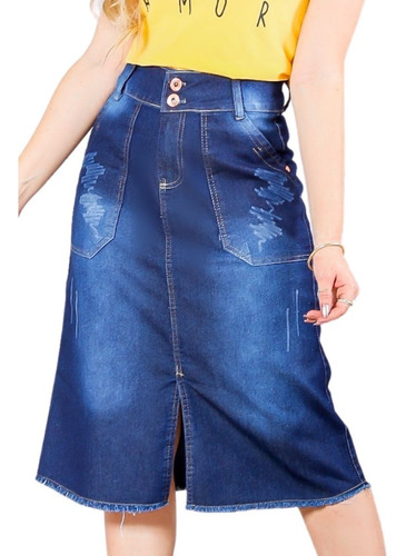 Imagem 3 de 7 de Saia Jeans Evangélica Midi C/ Recortes E Desfiados - Sg4006