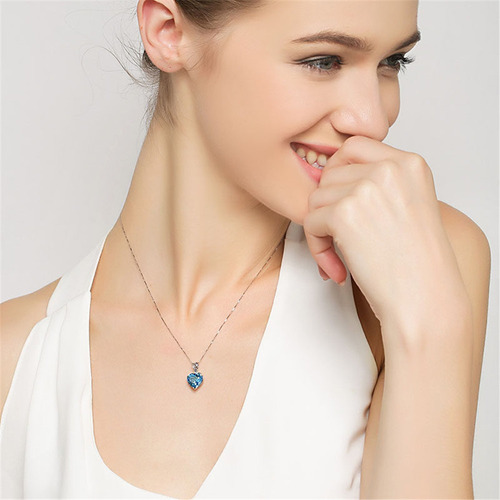 Imagen 3 de 5 de Collar Corazón Topacio Azul De Cristal Plata 925 1701e