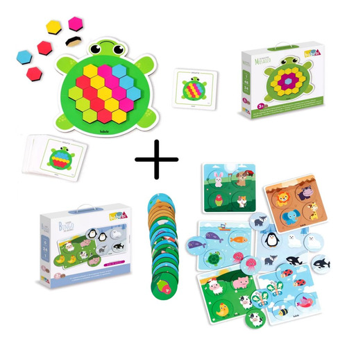 Kit Brinquedo Educativo Mosaico Tartaruga+ Bingo Dos Animais
