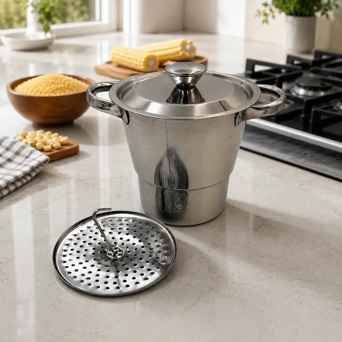 Panela Cuscuzeira Inox 16cm 2,5L Indução Gás Cooktop Elétrico Vitrocerâmico Cozedor A Vapor Cuscuz