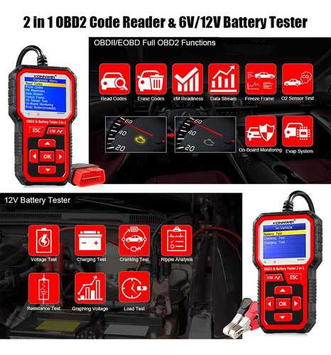 Konnwei Kw681 Obd2 Escáner 6v 12v Tester De Batería De Autom