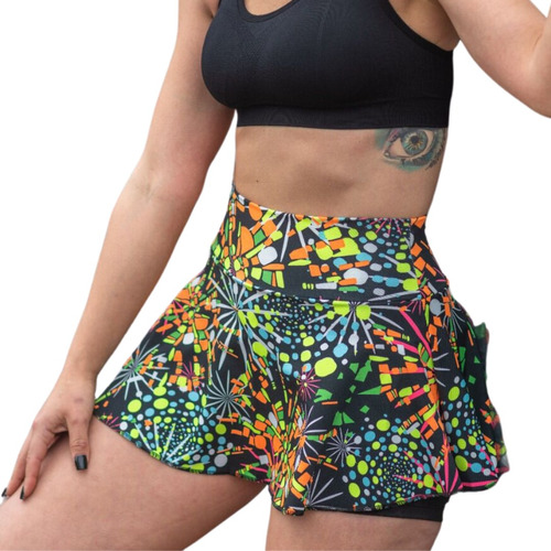 Short Pollera - Negro Liso Y Estampada De Lycra  -  Gimnasia