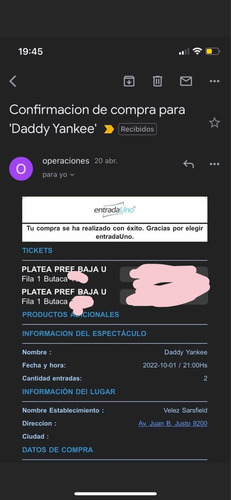 Entradas Daddy Yankee Vélez Platea U Fila 1valor X 2