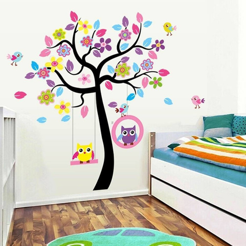 Vinilo Decor Sticker Arte Niño Pared - Arbol Buhos Color