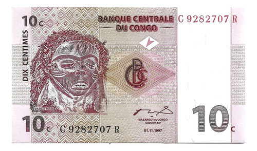 Liquido Excelente Billete De Congo.  10 Céntimos 1997 Unc