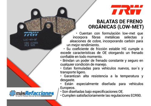 Balatas Bajos Metales Traseras Cadillac Srx 10-16 Trw