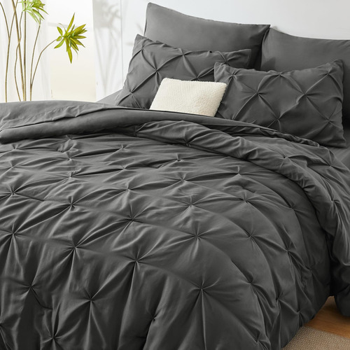 Edredón Queen Gris Oscuro 7 Piezas Ropa Cama Pliegues Estaci