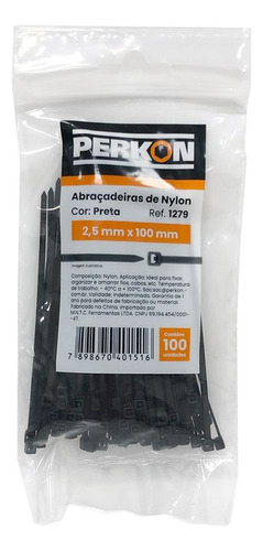 Abracadeira Nylon Perkon Preta 2,5x100 100 Pecas  1279