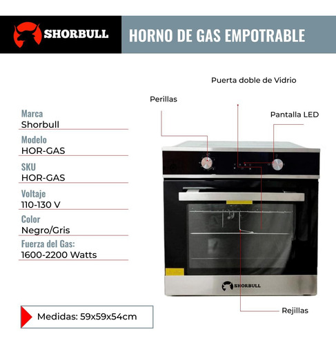 Horno Empotrable Gas Shorbull 65l Conveccion 127v Acero Inox