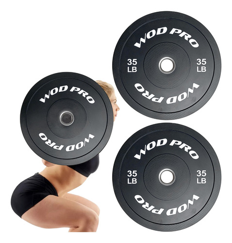 Par De Discos Bumpers Plate Rígidos Color Negro Wod Pro 35 Libras Caucho Acero Barras Olímpicas
