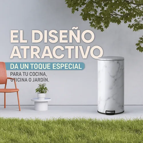 Papelera Tacho De Basura Pedal Baño Simil Marmol 30 Lts Blanco